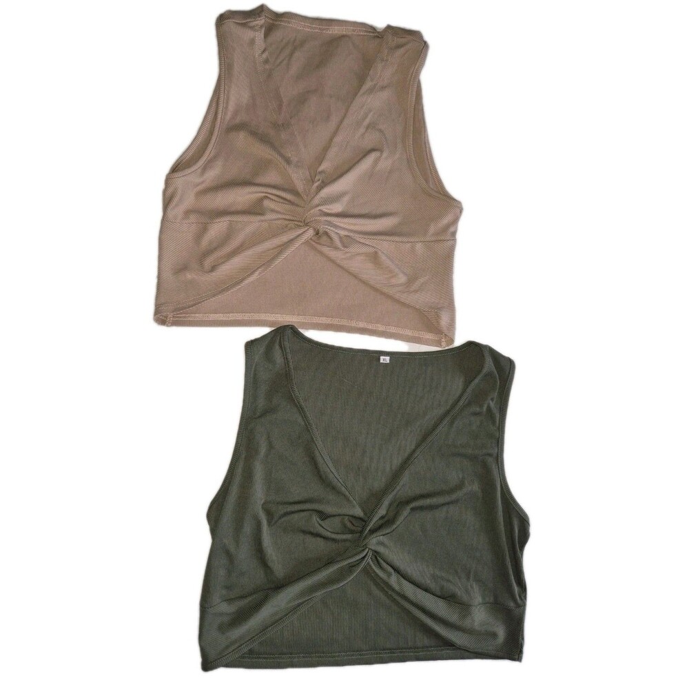 NWOT - Beige & Olive Ribbed Twist Front Cropped Tank Top Women’s * 1 Lg & 1 XL